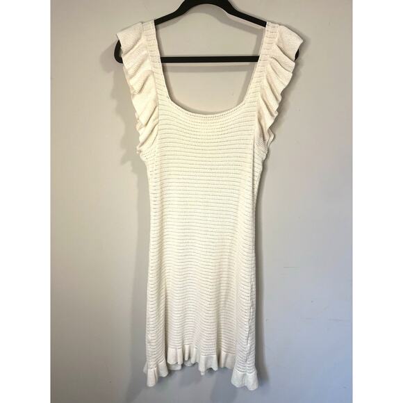 Anthropologie Ruffled Pointelle Knit Mini Dress Square Neck Ivory Cream Womens S - Picture 5 of 11